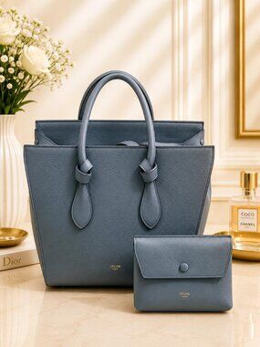 Authentic Celine Cabas Phantom Leather Tote Bag w/ Pouch Blue